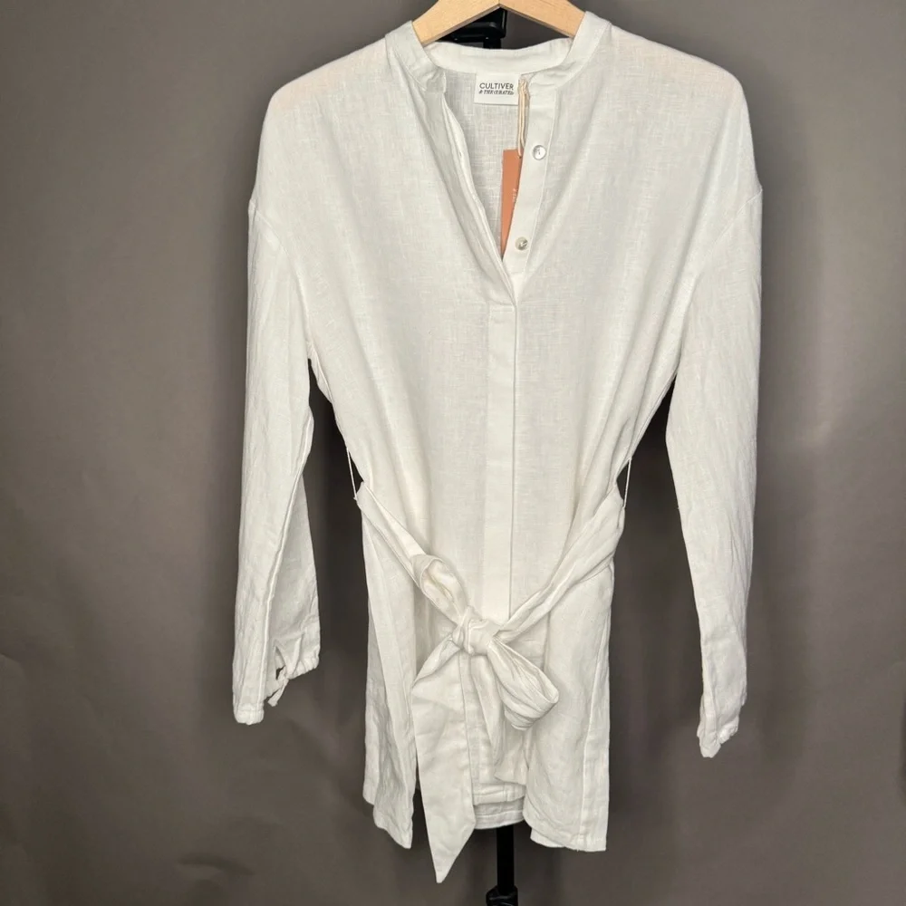 CULTIVER 100% Linen Cristi Long Sleeve Tunic Button Down Shirt w/ Belt White XS - Picture 1 of 15